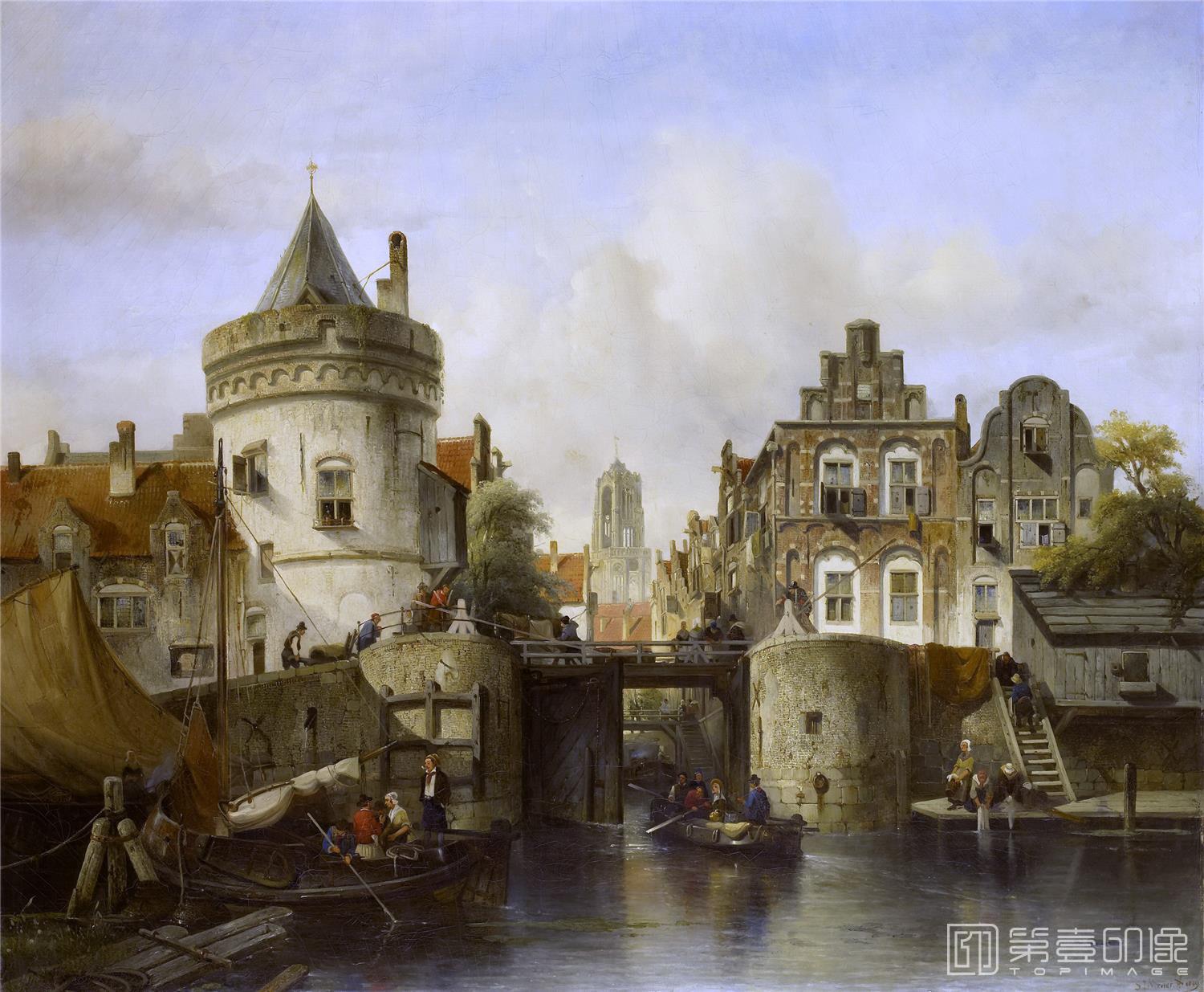 油画-荷兰阿姆斯特丹国家美术馆-Verveer Samuel Stadsgezicht geïnspireerd op de Kolksluis te Amsterdam 1839